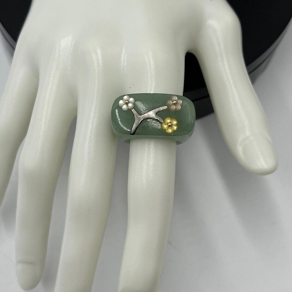 Jade Natural Icy Green Jadeite and MOP Flower Saddle Beautiful 14k Ring Sz 7.5-8
